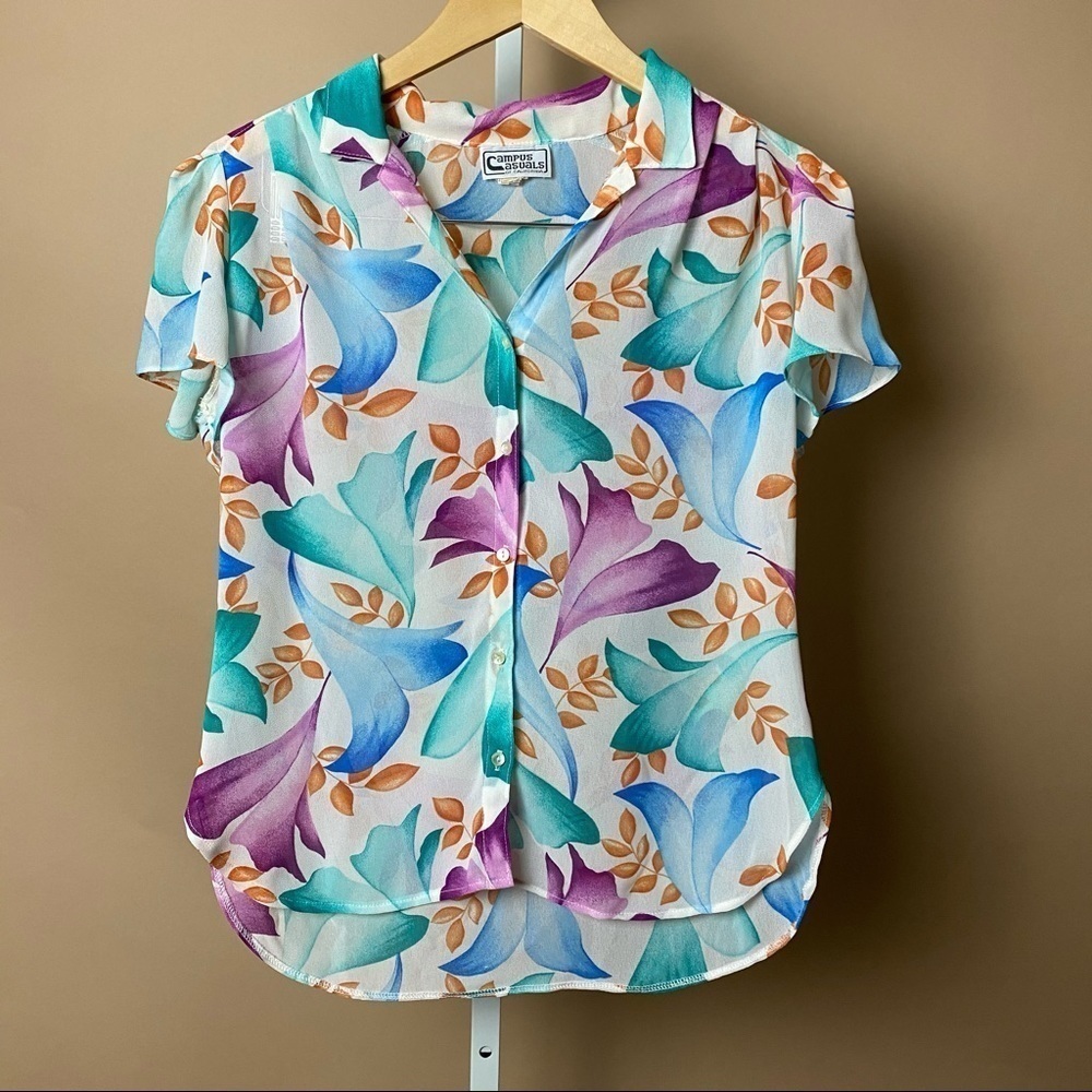Vintage Campus Casuals Small 80’s Flowy Floral Top Tropical Island Vacation Camp